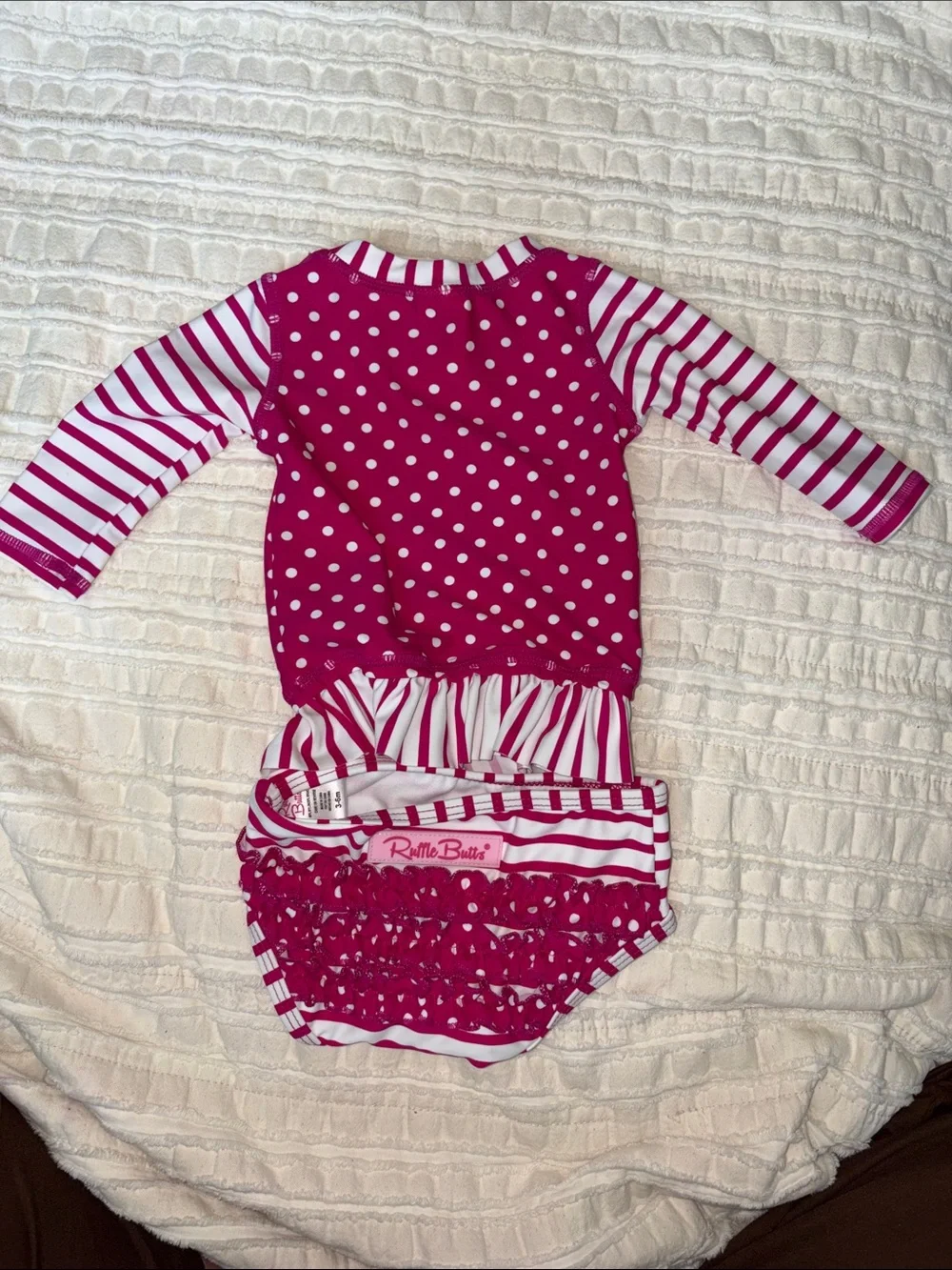 Ruffle Butts Pink and White Polka Dot & Stripe Girls Swim Set